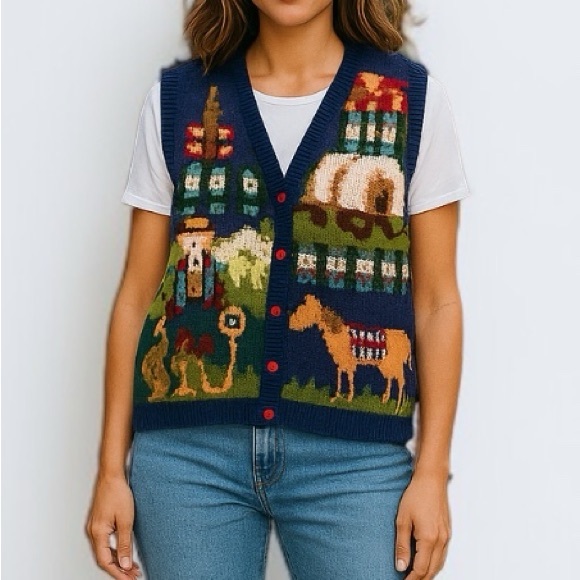 Jackets & Blazers - Vintage Western Theme Hand Knit Sweater Vest | Size M